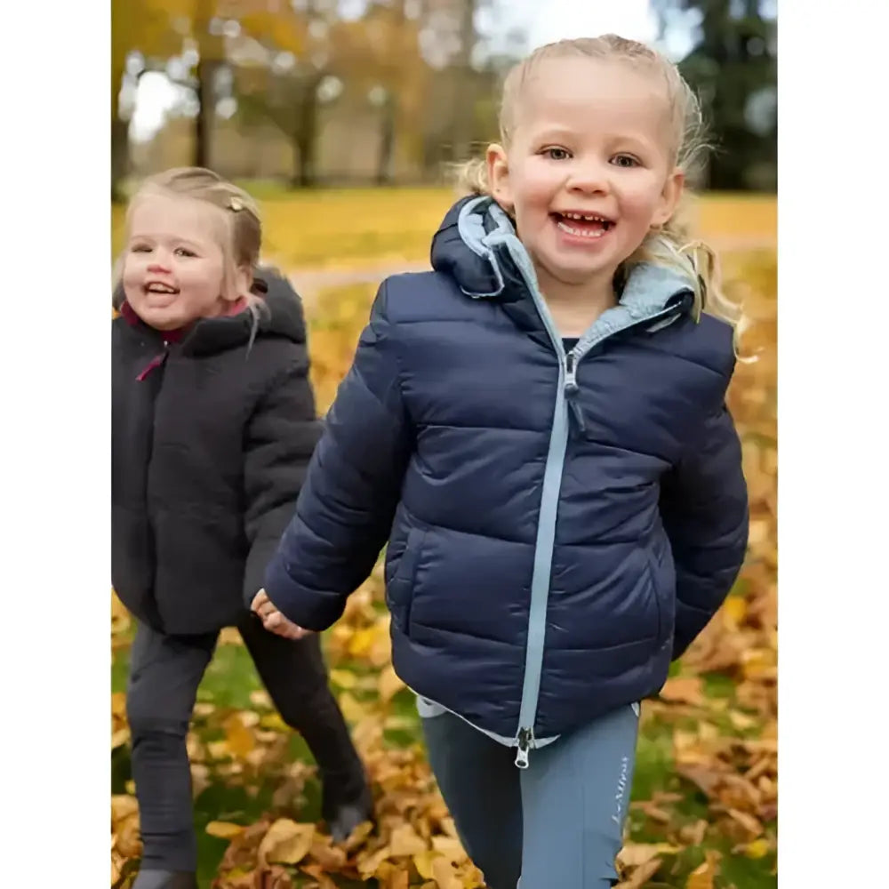Lemieux mini megan reversible puffer navy jacket with light gray trim and hood perfect for cold weather layers