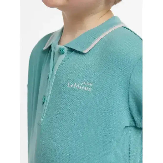 Teal lemieux mini polo shirt lagoon with white embroidered logo and matching star buttons for a fresh look