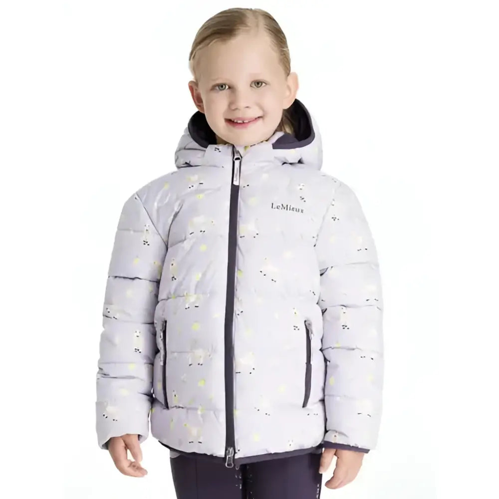 Light gray lemieux mini printed lilo puffer jacket lilac with dark speckles and black zipper accents