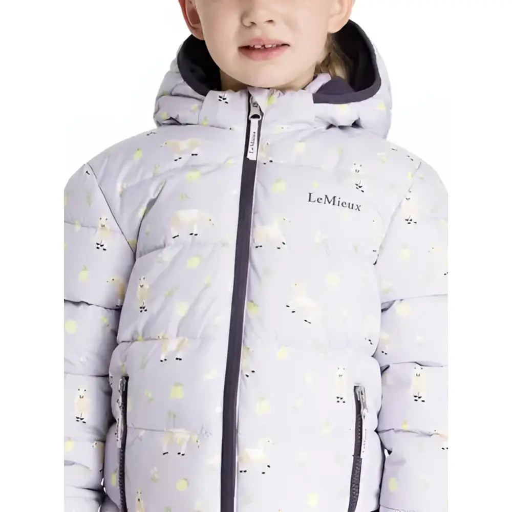 Light gray lemieux mini printed lilo puffer jacket lilac with playful sheep pattern and black zipper details