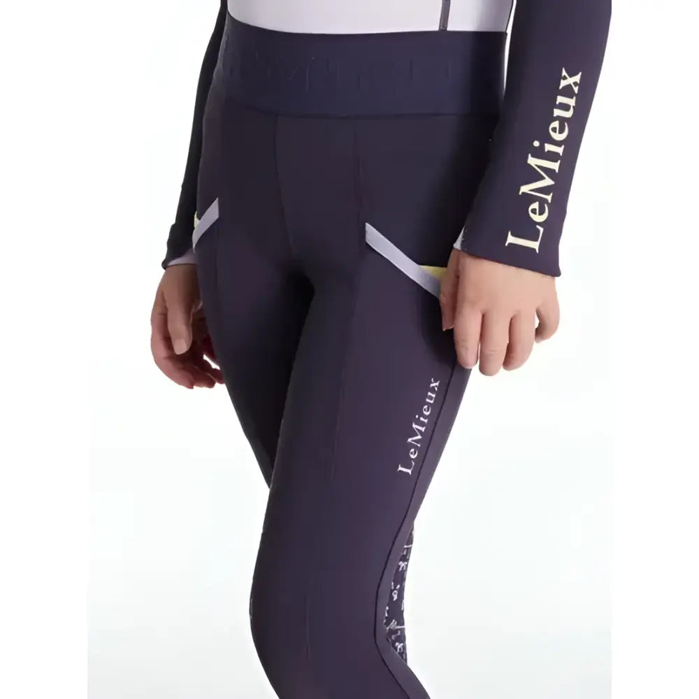 Dark navy lemieux mini pull riding pants with white and yellow accent stripes perfect for mini riders pull ons juniper