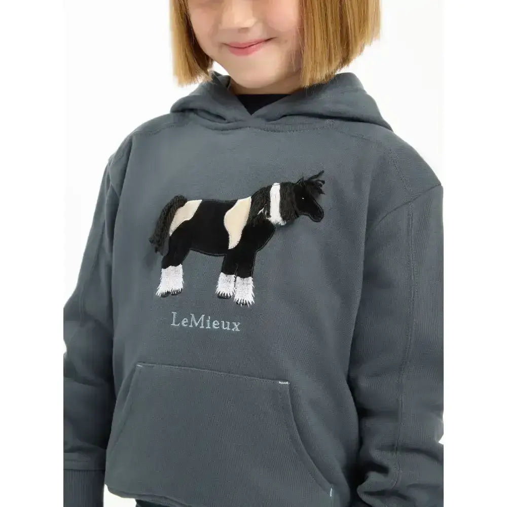 Gray kids mini romi hoodie with black and white embroidered pony and lemieux logo in romi hoodie petrol style