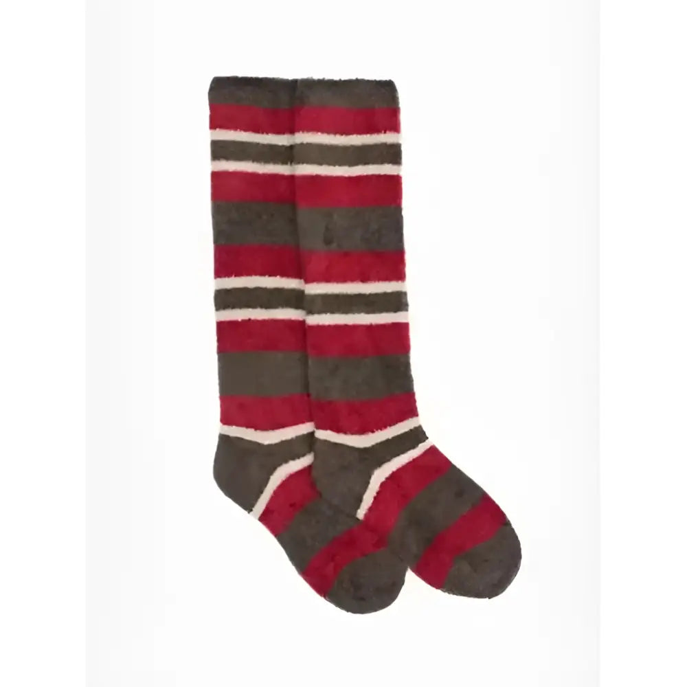 A pair of lemieux mini sabrina knee-high fluffies ember socks with cozy plush fabric and bold red cream and olive stripes