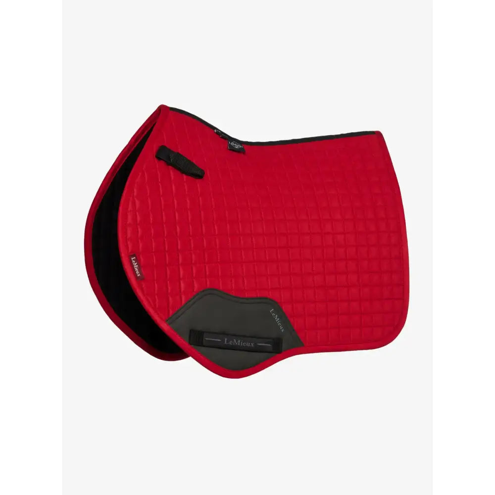 Red quilted lemieux mini suede close contact saddle pad with black trim and dark gray contact square chilli panel