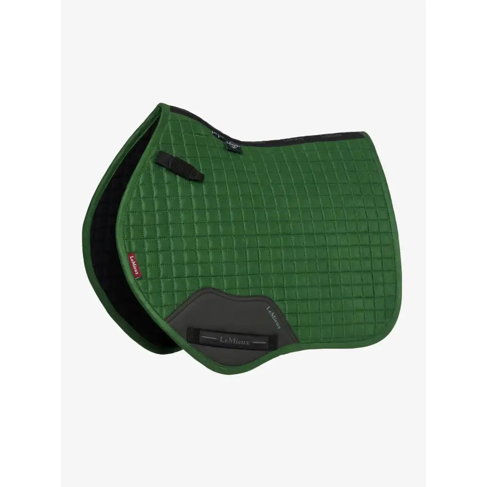 Green quilted lemieux mini suede close contact saddle pad with black trim and square hunter green panel