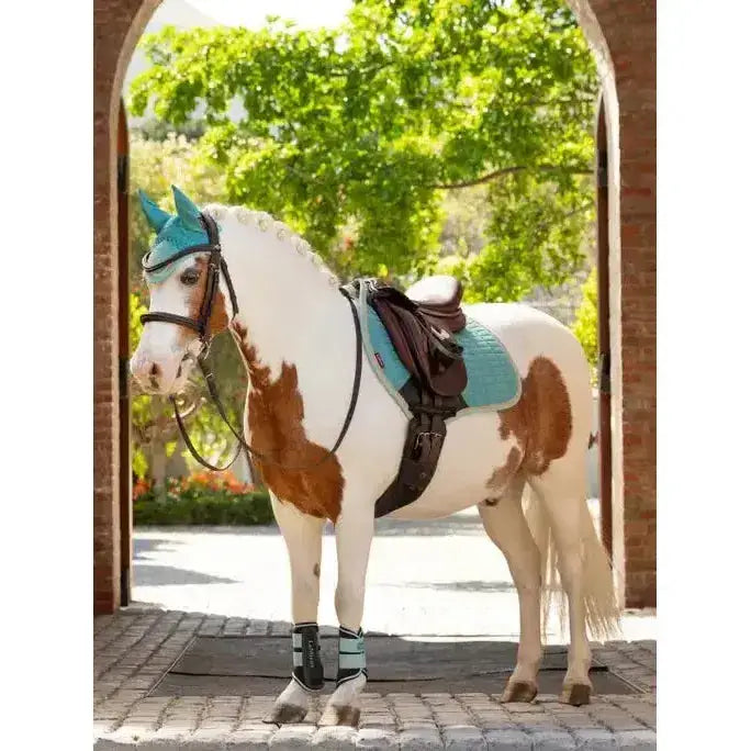 A white and brown pinto horse wearing a lemieux mini suede close contact square lagoon saddle pad in teal color