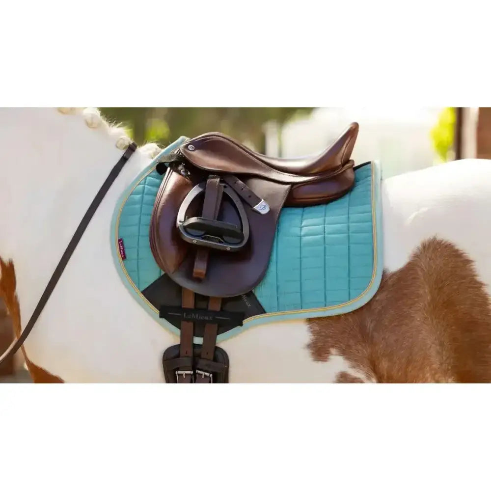 Turquoise lemieux mini suede close contact square saddle pad with black trim and brown english-style saddle