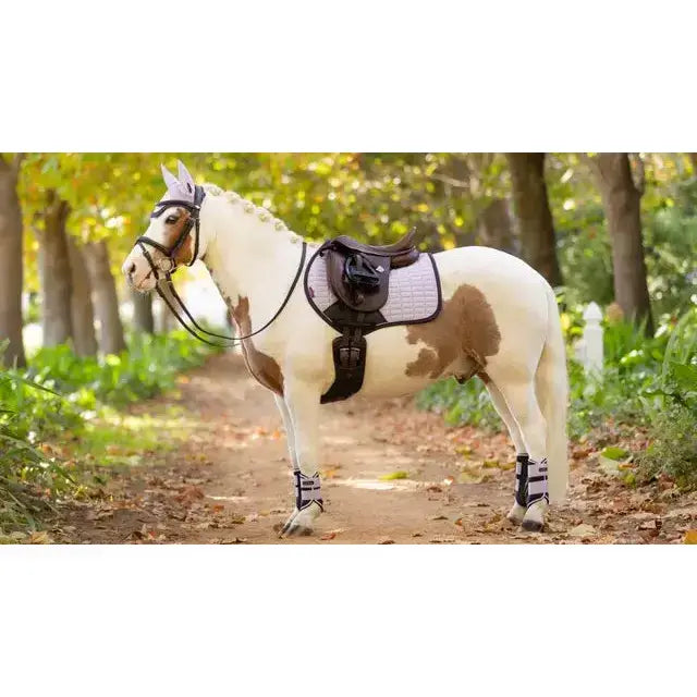 A white and brown pinto horse wearing a lemieux mini suede lilac suede close contact square saddle pad