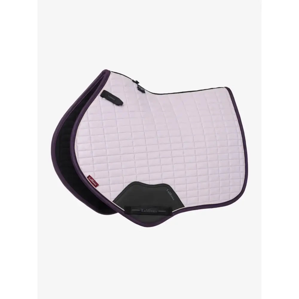 Lavender lemieux mini suede close contact square saddle pad with black trim and padded contoured design