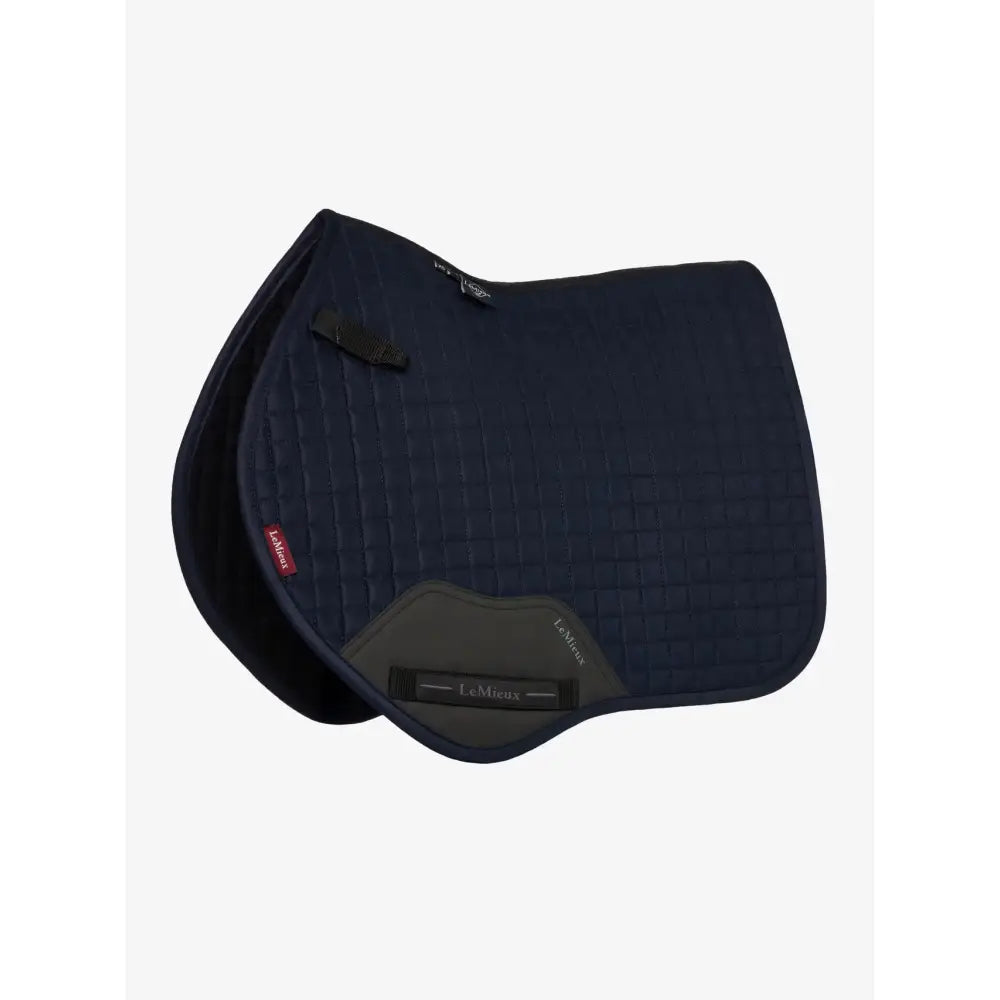 Navy blue lemieux mini suede quilted saddle pad with dark gray reinforced panel and subtle stitching close contact square navy