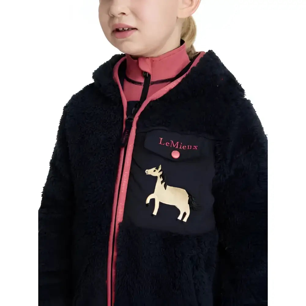 Black fuzzy lemieux mini teagan dream fleece navy jacket with pink zipper and horse embroidery on chest pocket