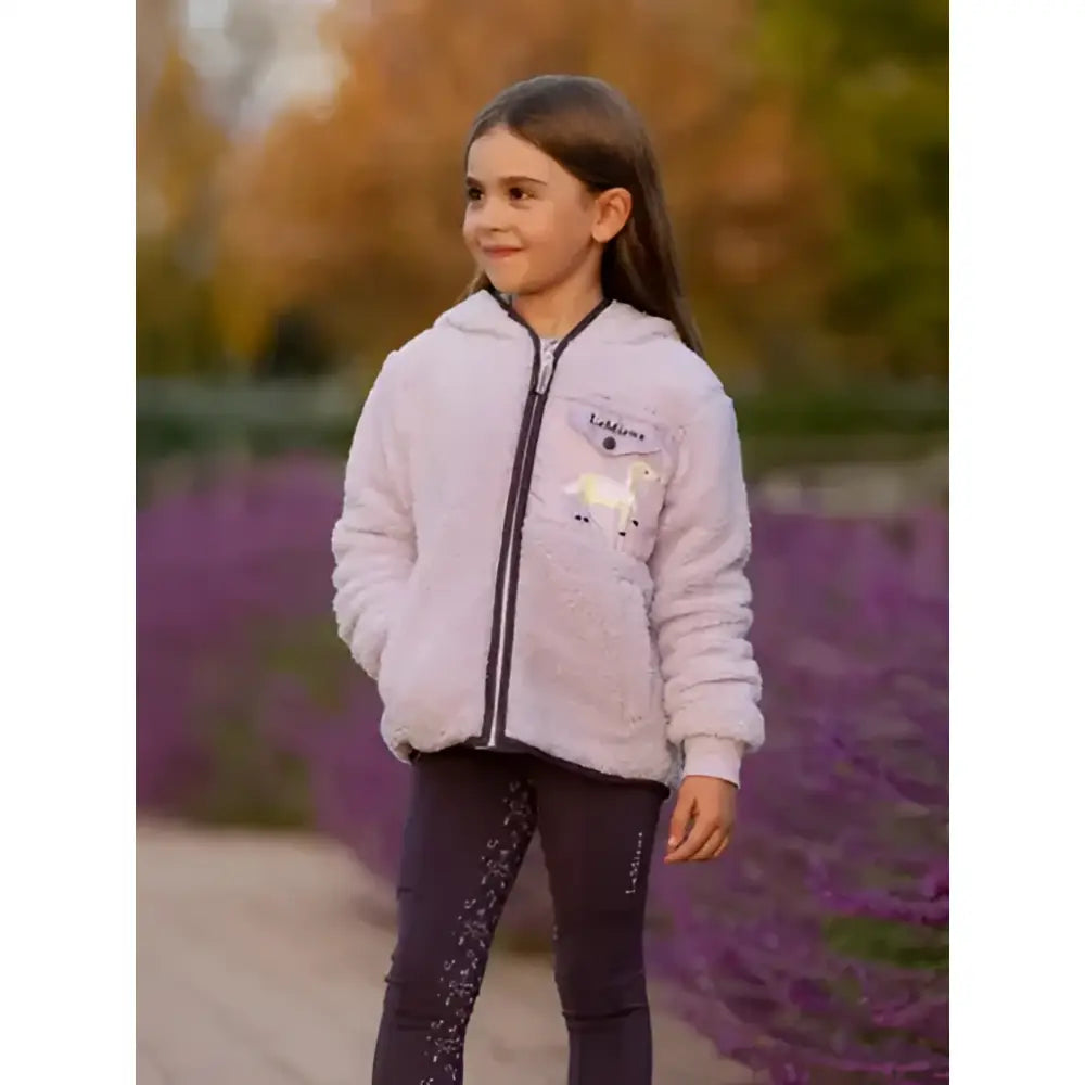 Lemieux mini teagan lemon fleece lilac soft lavender fleece-lined hooded jacket with black zipper and unicorn embroidery