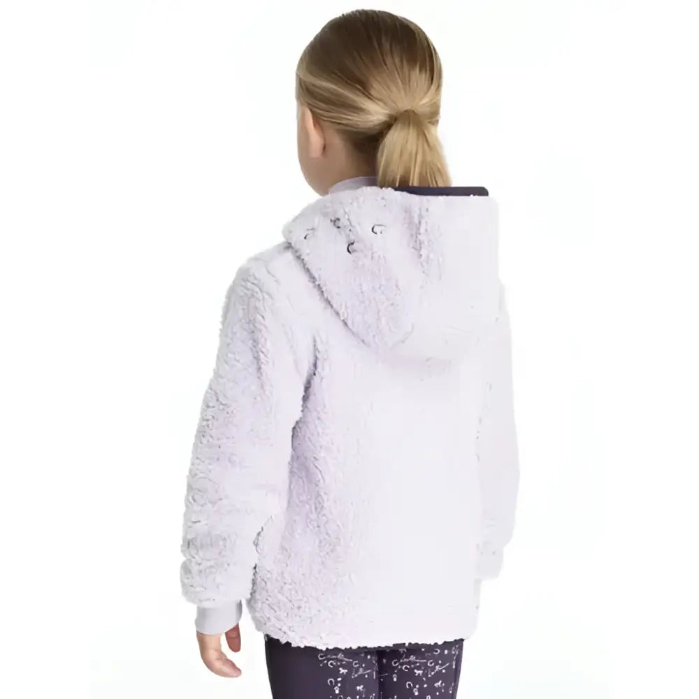 Lemieux mini teagan lemon fleece lilac white fluffy fleece hoodie with soft texture and silver button details on hood