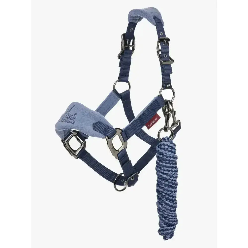 Blue lemieux mini vogue headcollar padded with matching braided leadrope in indigo for comfortable horse use