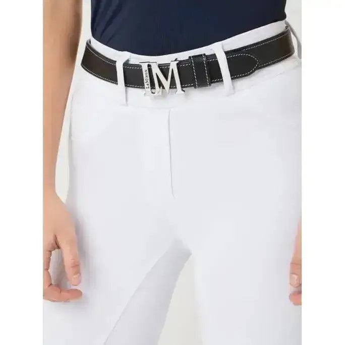 Black leather lemieux monogram belt with silver brushed metal monogram pin buckle and vertical brand engraving