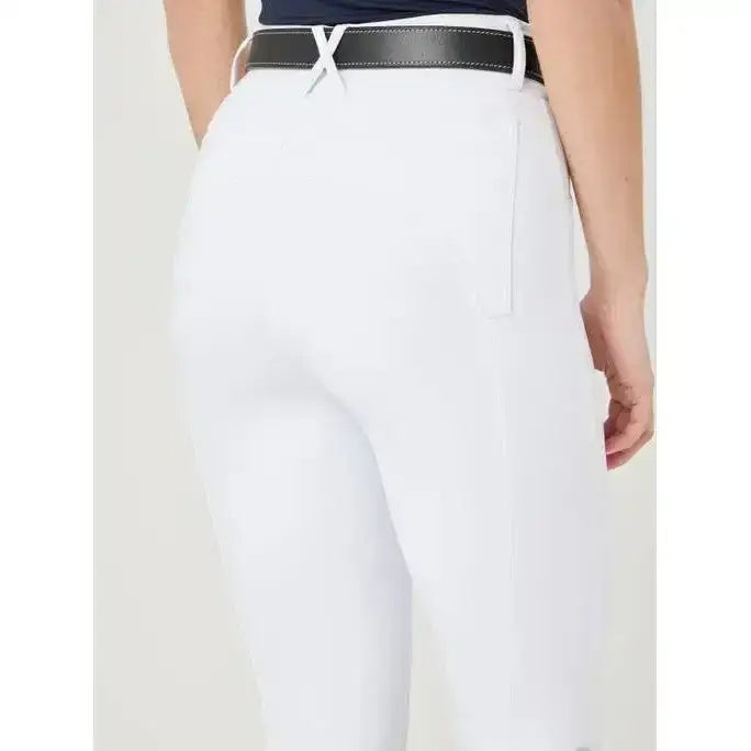 White riding pants with a black lemieux monogram belt featuring a brushed metal monogram pin buckle in x shape