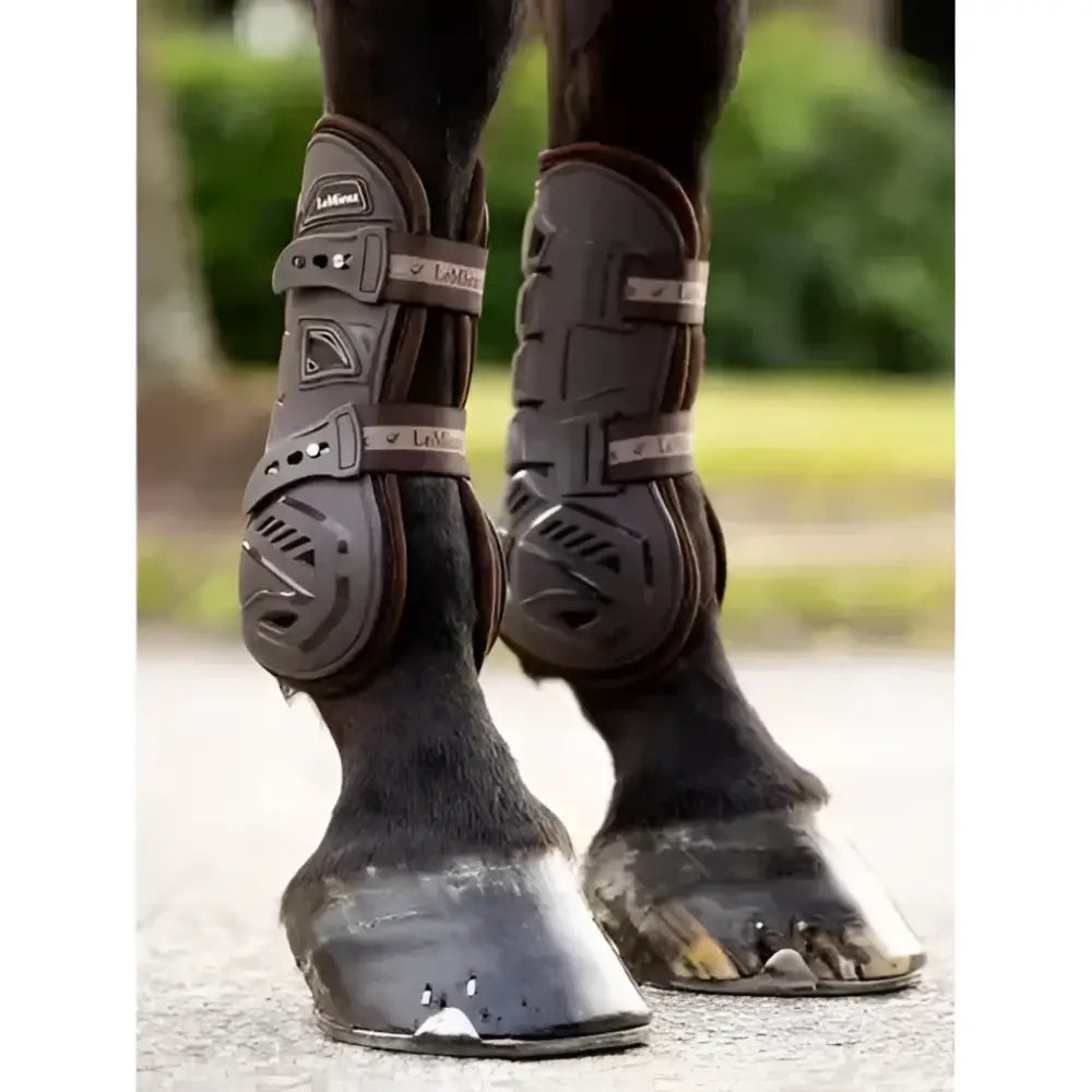 Black lemieux motion cool tendon boot with soft airprene perforated padding and adjustable straps for horse legs