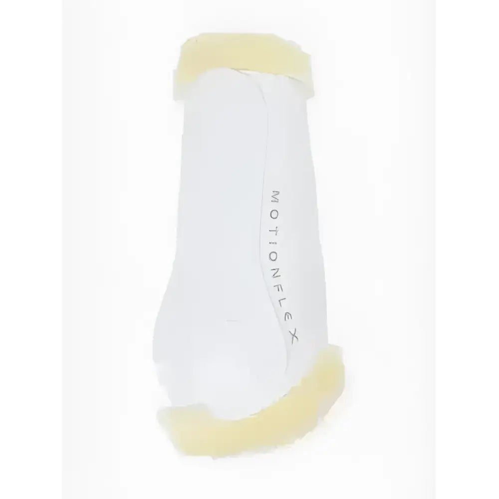 White lemieux motionflex dressage boot with yellow fuzzy trim and fleece edge perfect for schooling rigid boots