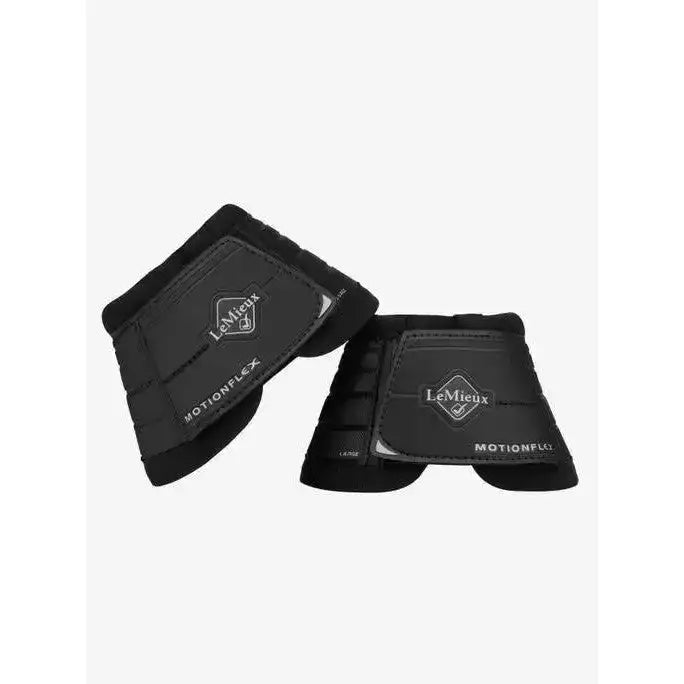 Black lemieux motionflex reach boots showing back side of durable over reach boot black for horse protection