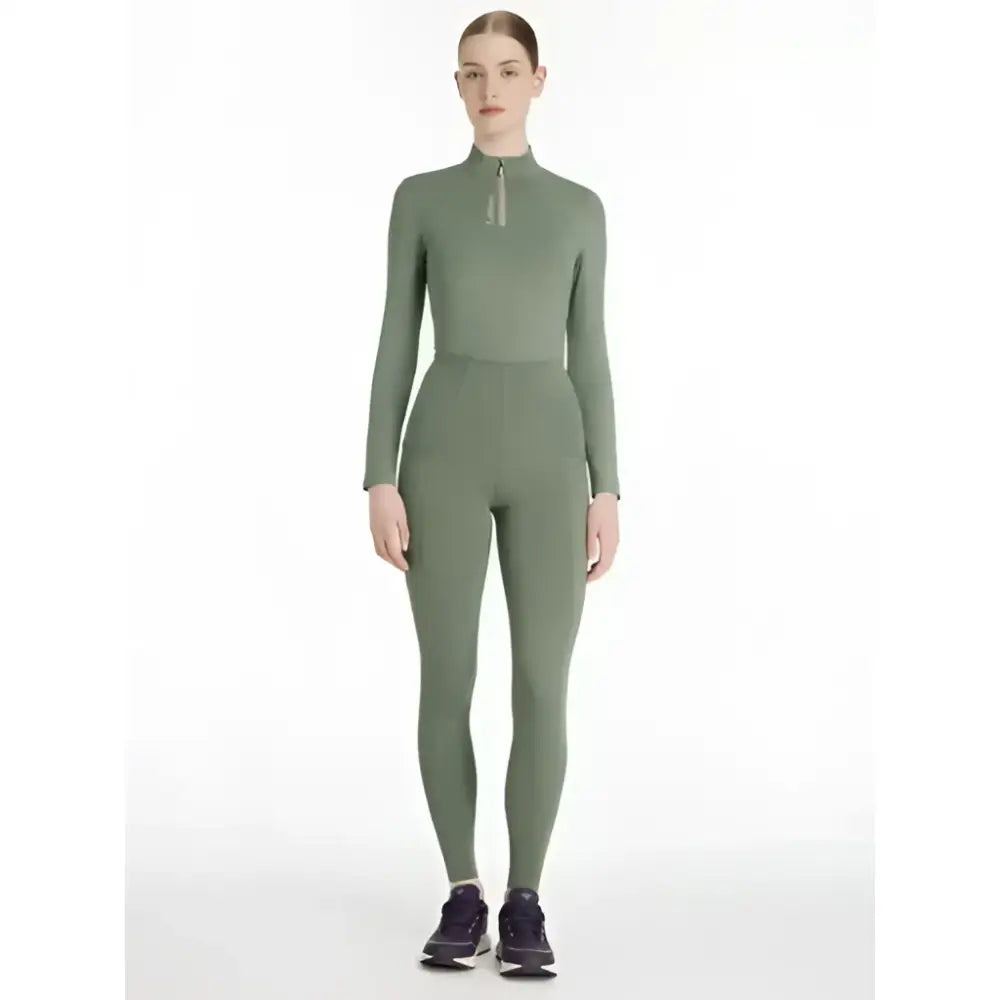 Olive green long-sleeved high-neck athletic jumpsuit lemieux naomi pull perfect for active wear