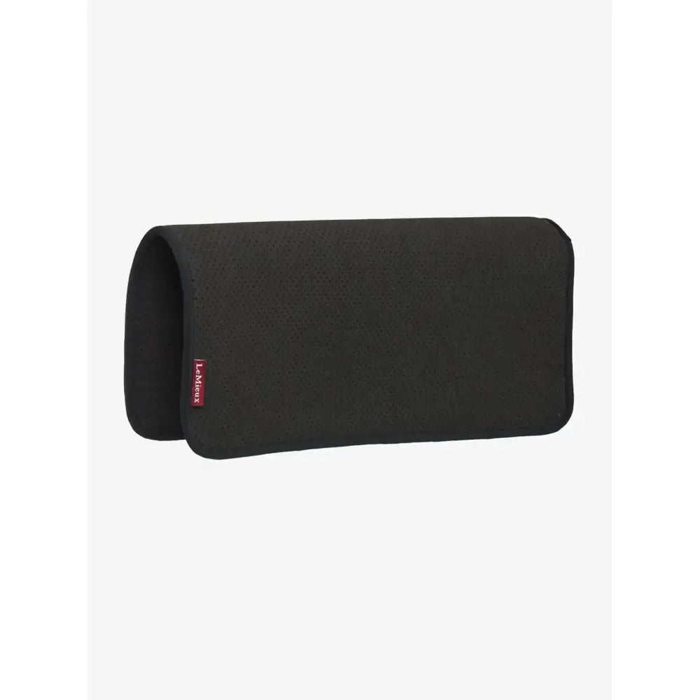 Black soft fabric glasses case with red tag shown next to a LeMieux non slip half pad square black for equestrian use
