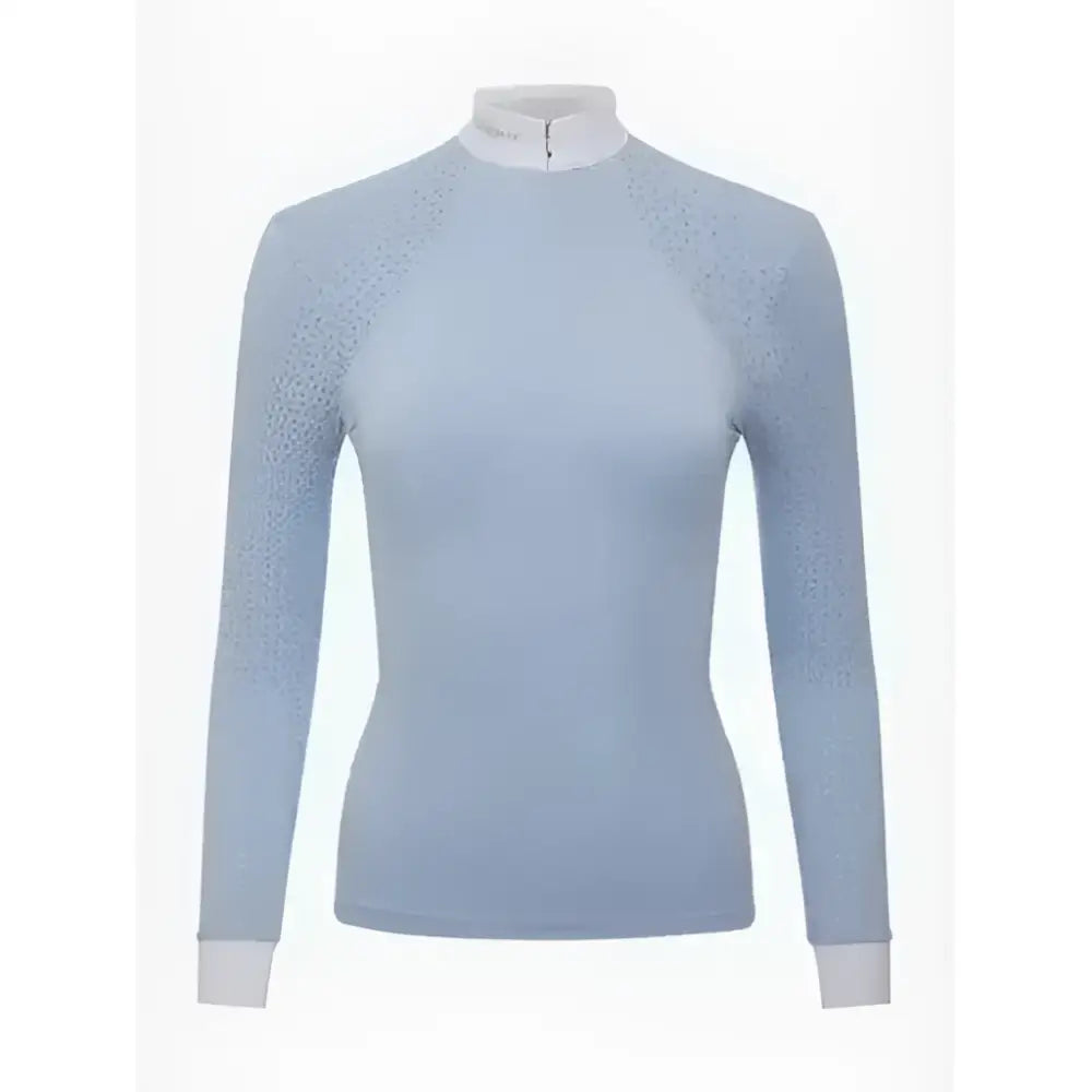 Light blue lemieux olivia long sleeve show shirt with laser-cut lace sleeve and high collar perfect for riding