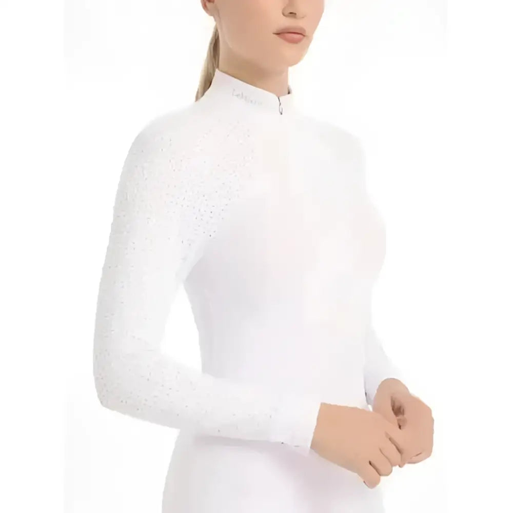 Lemieux olivia long white high neck top with subtle textured pattern perfect for elegant show looks