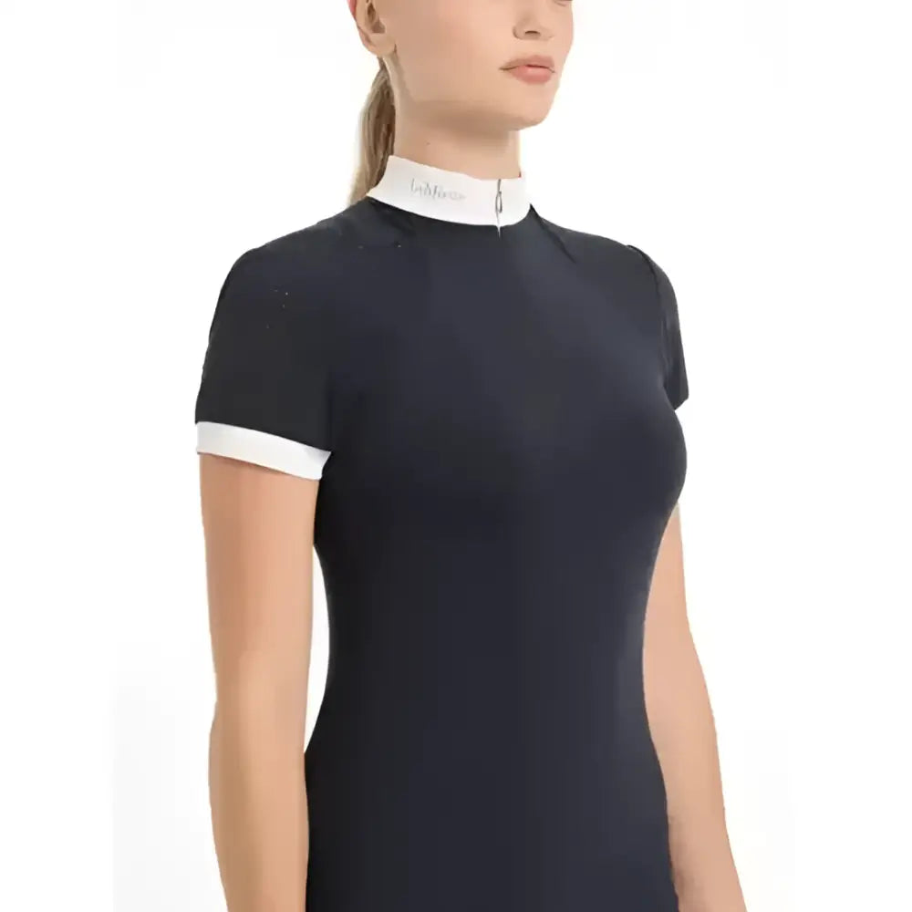 Black short-sleeved lemieux olivia short show shirt with white collar and cuffs in super soft stretch fabric