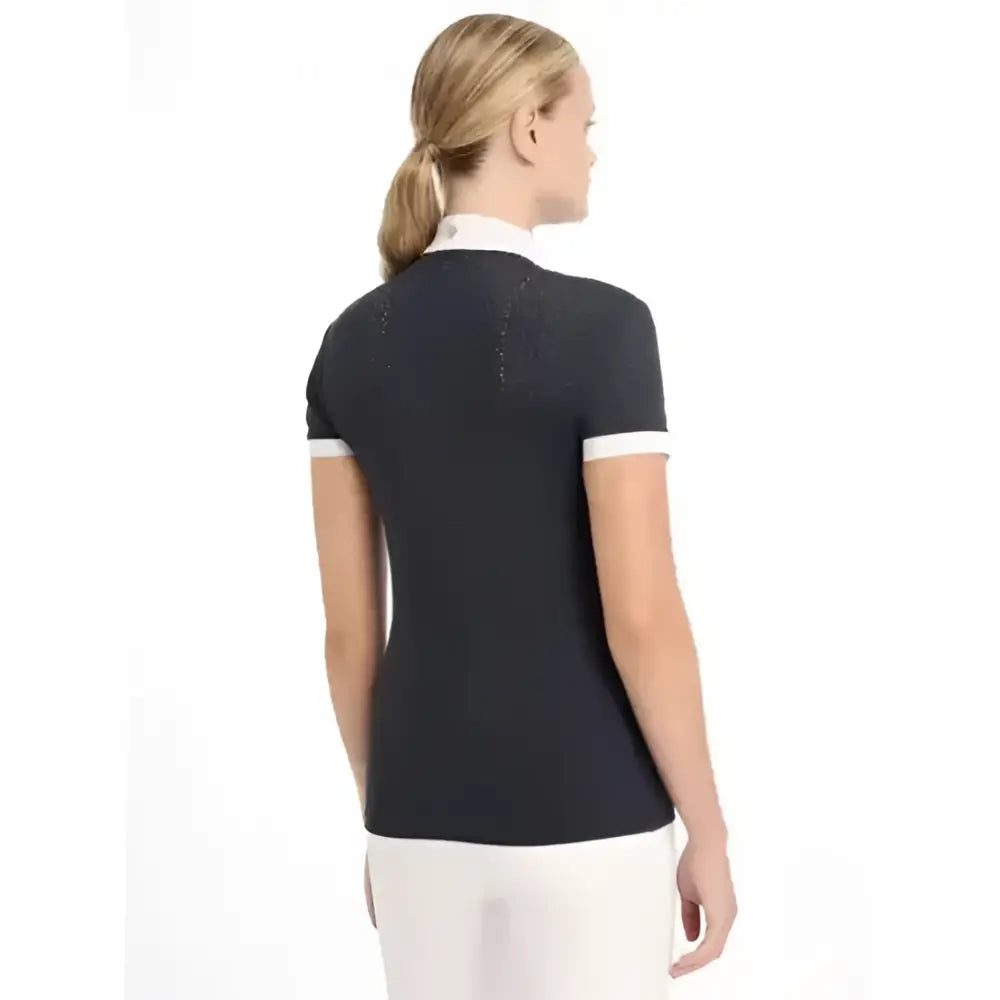 Black lemieux olivia short sleeve show shirt with white collar trim and subtle textured shoulders super soft stretch