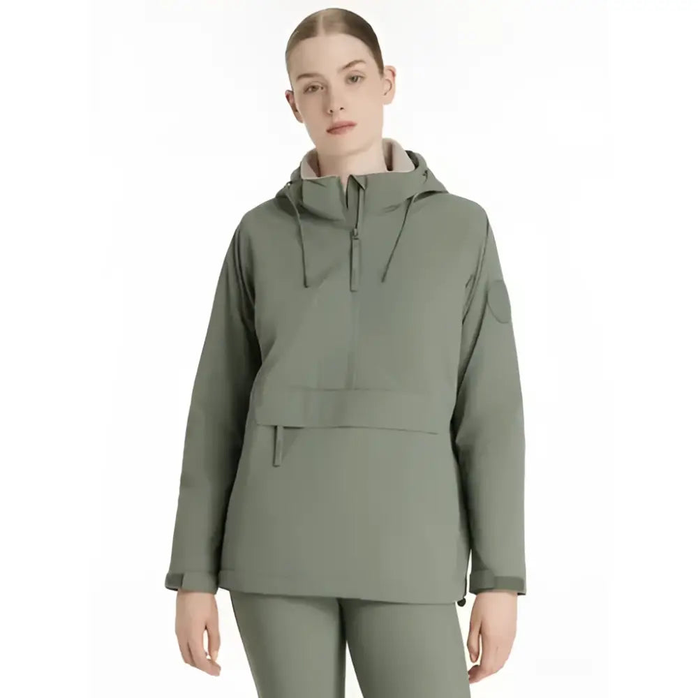 Olive green lemieux phoebe half zip waterproof anorak rosemary with hood and subtle patch pockets for outdoor use
