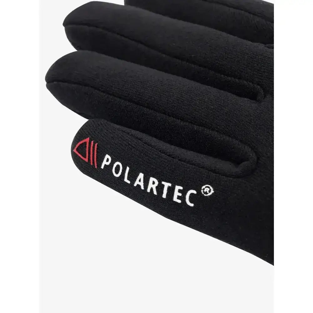 Back of black lemieux polartec gloves with soft textured fabric and subtle red and white wrist branding ideal winter riding glove