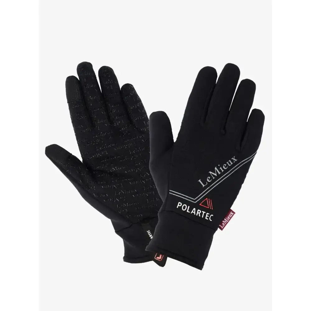 Black lemieux polartec gloves with touchscreen feature textured palm and white branding perfect for cold weather use