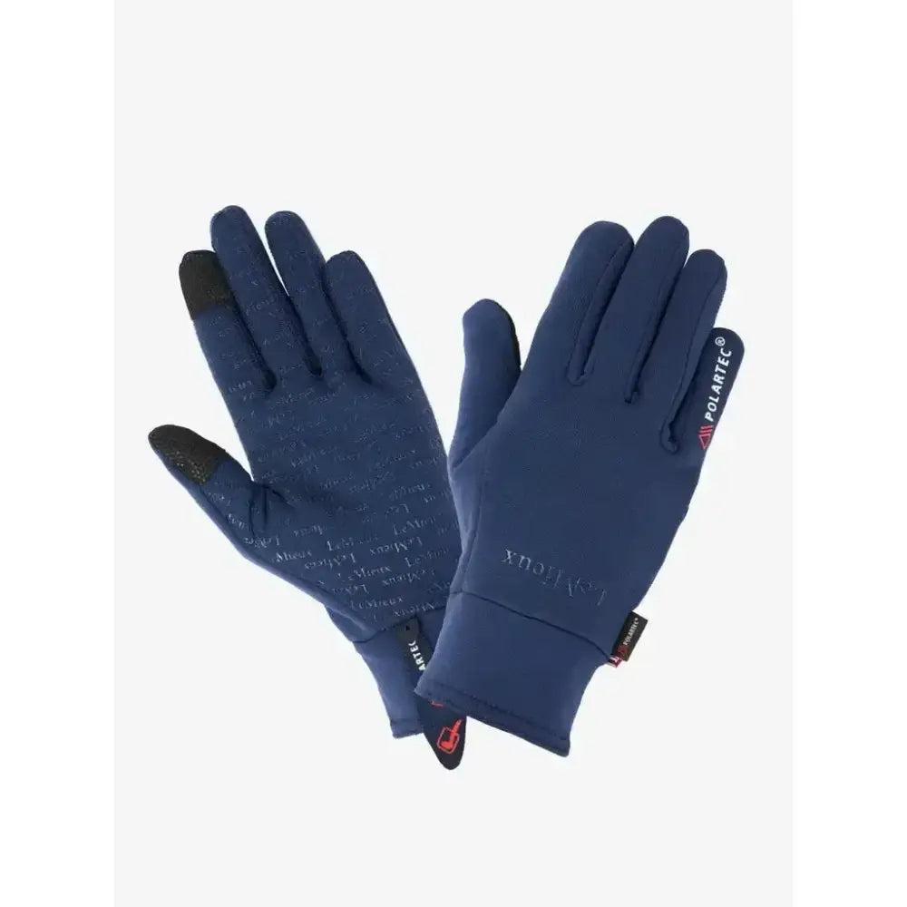 Navy blue lemieux polartec gloves with black touchscreen fingertips and subtle pattern showing the back side