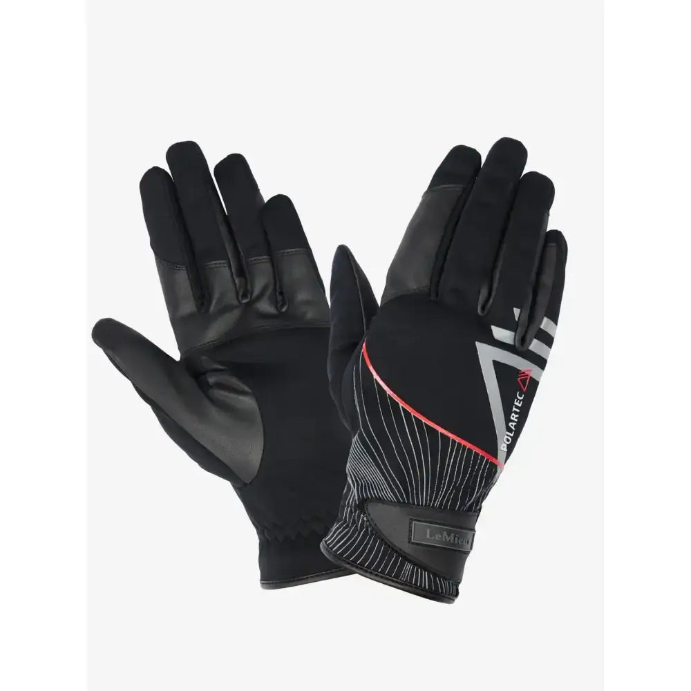 Black lemieux polartec pro gloves with reinforced leather palms and red stripe, polartec pro water resistant gloves