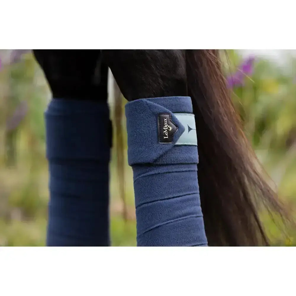 Blue lemieux polo bandages petrol horse leg wrap with light blue strap and black logo patch for polo use