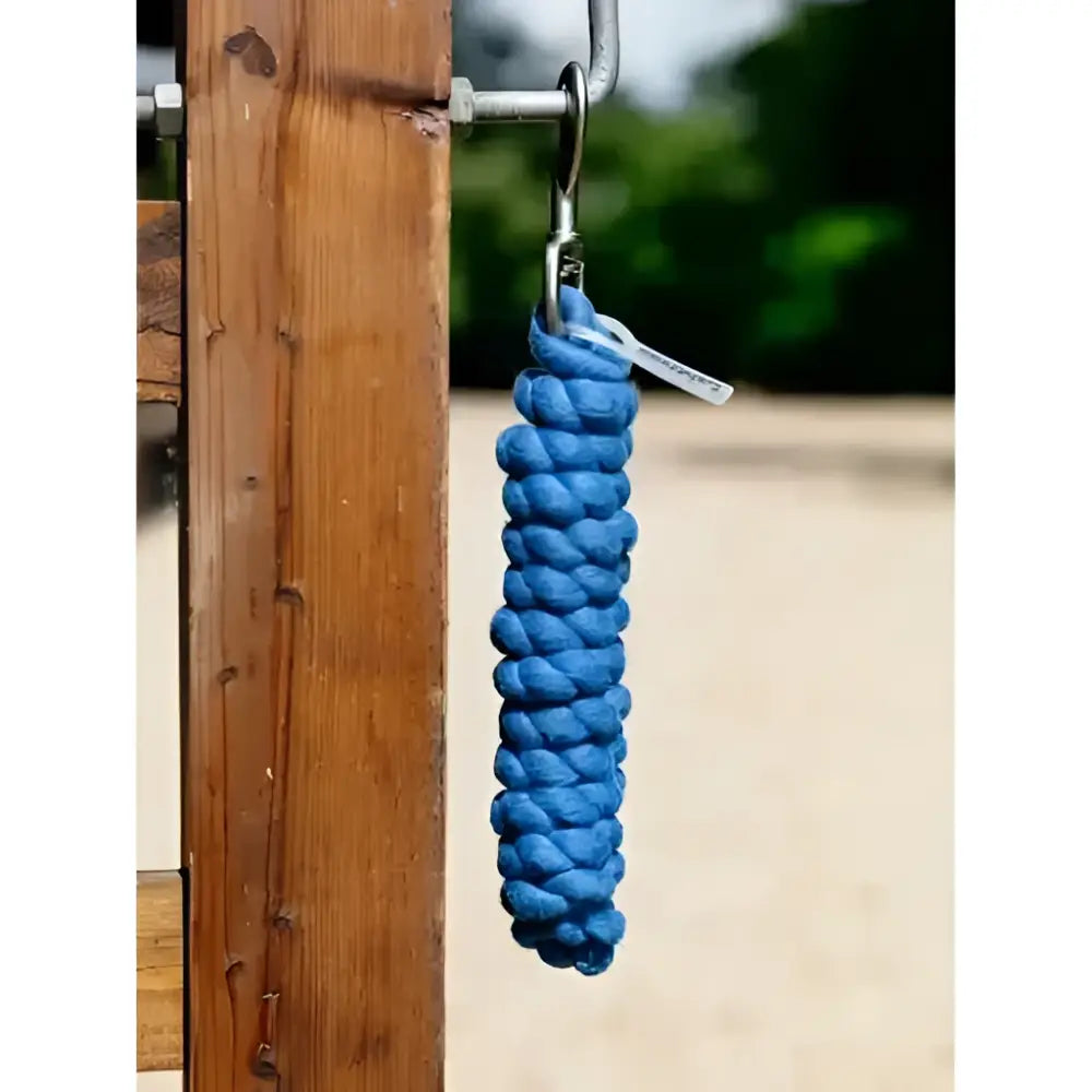 Lemieux polycotton leadrope benetton blue braided rope keychain hanging from a metal hook in benetton blue