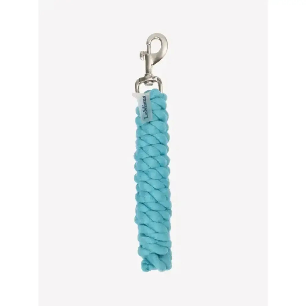 A turquoise lemieux polycotton leadrope lagoon braided keychain with a silver-toned metal clip for easy use