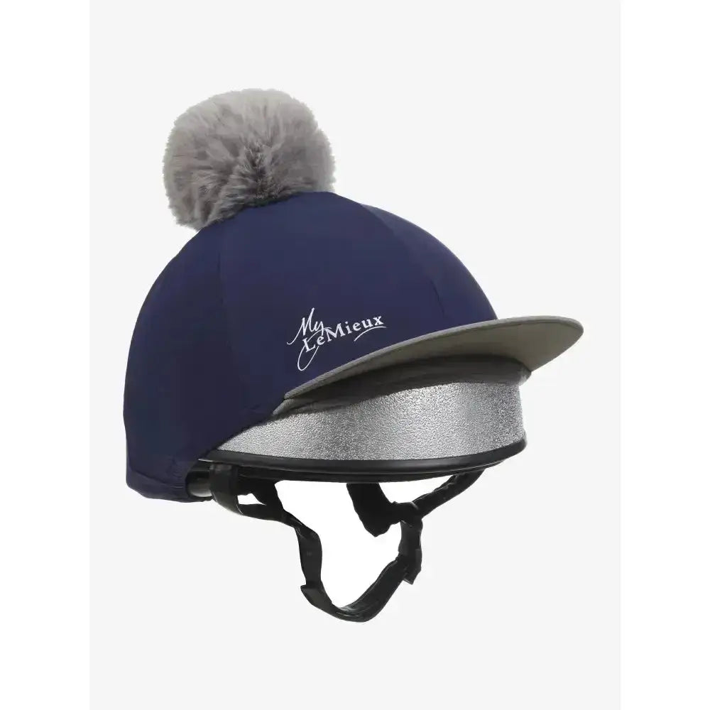 Navy blue lemieux pom hat with grey faux fur pom pom and silver metallic trim in hat silks navy style