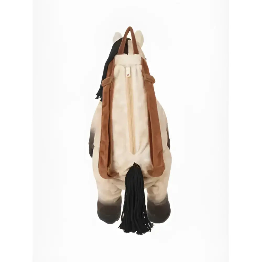 A lemieux pony bag dream plush horse backpack with cream body brown velvet straps mane and white zipper accents