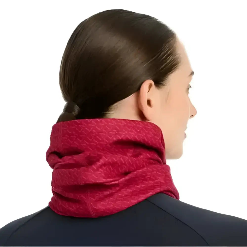 Vibrant red lemieux printed stretch snood worn snugly around the model’s neck showing textured stretch snood ember