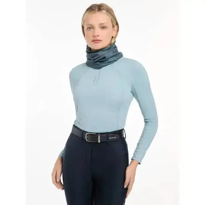 Light blue lemieux printed stretch long-sleeved riding top with high neckline and subtle chest logo ideal for riding