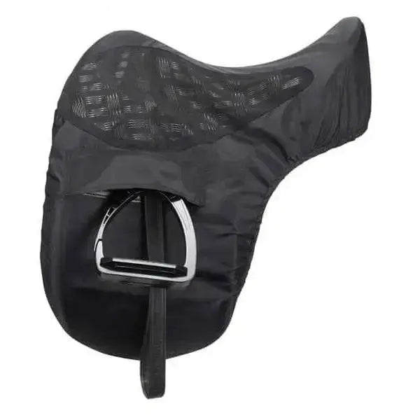 Black lemieux pro-kit ride saddle cover with silicone grip seat mesh panel and shiny silver metal stirrup buckle for rider perfect stability
