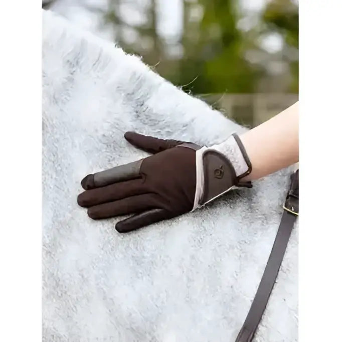 Brown lemieux pro mesh gloves showing back with light gray wrist strap and subtle logo detail in almond tone