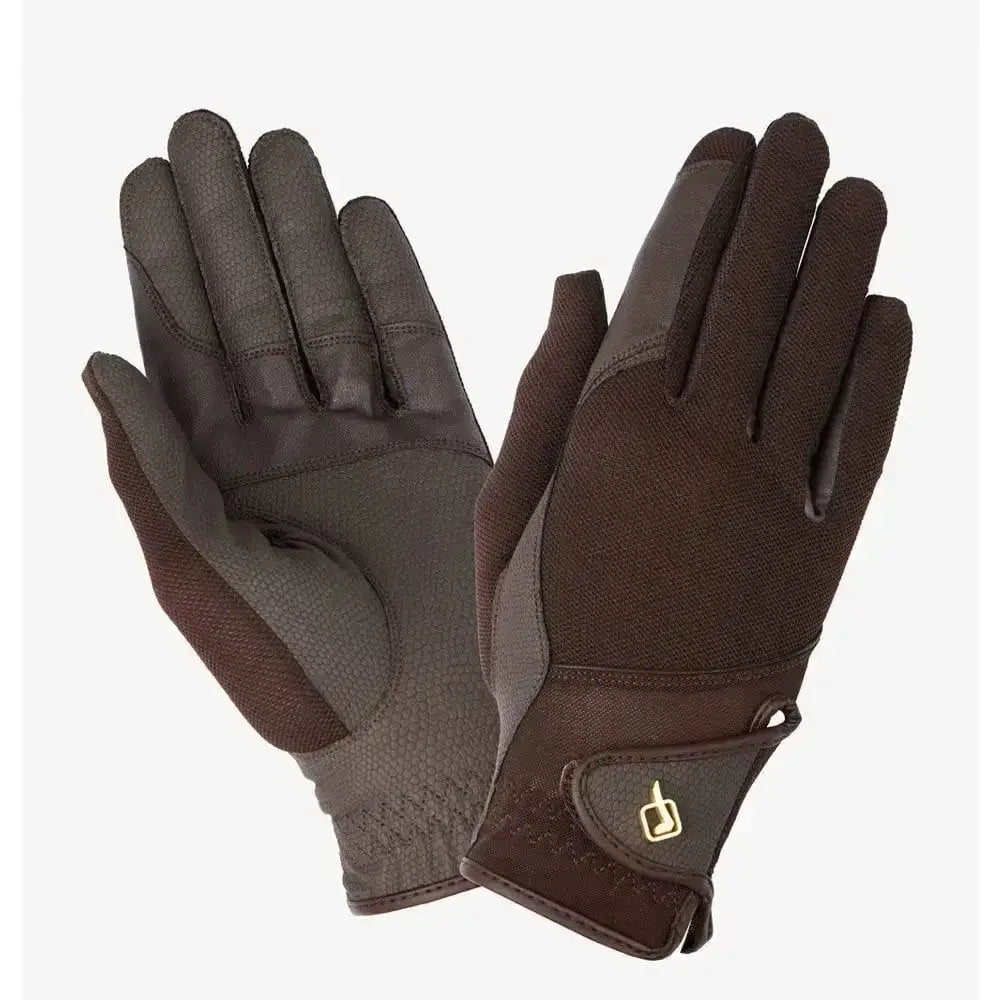 Brown and dark gray lemieux pro mesh riding gloves with reinforced palms and velcro wrist strap with gold logo
