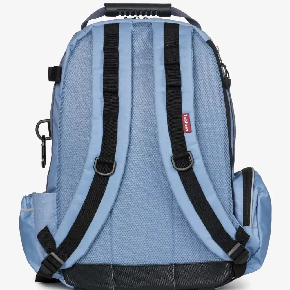 Light blue mesh lemieux pro rucksack powder blue with black straps and red brand tag featuring hat holder