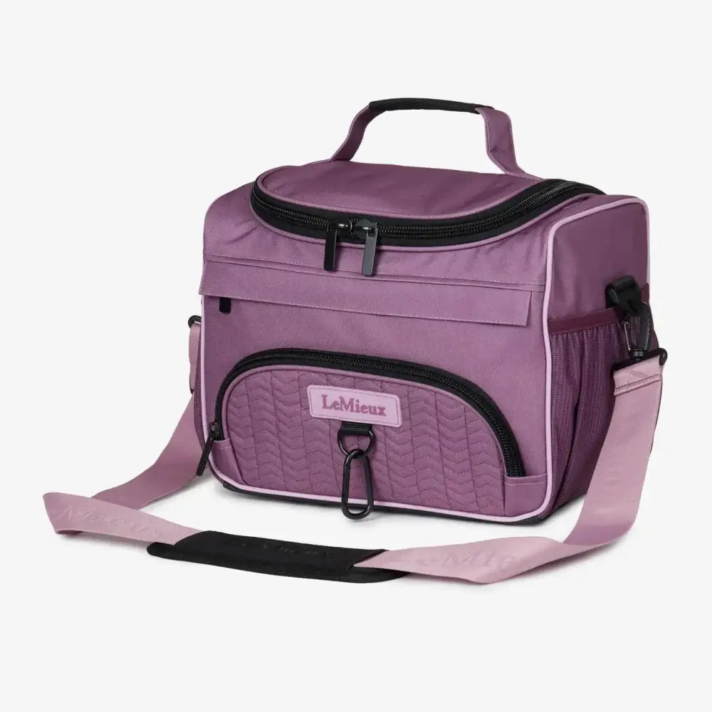 Purple quilted lemieux prokit lite grooming bag with black zippers and detachable shoulder strap lightweight grooming bag
