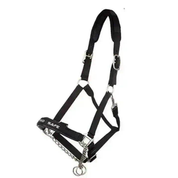 Black leather lemieux prosafe headcollar with silver hardware and chain attachment for secure horse handling