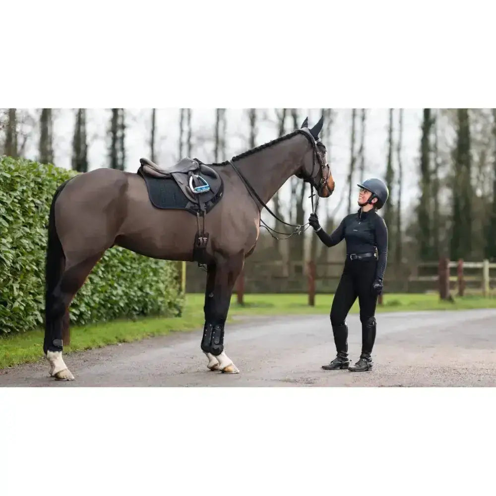 A dark brown horse with a black saddle stands on gravel wearing a lemieux prosorb plain close contact square black