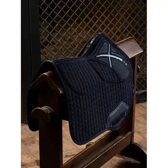 Navy blue quilted lemieux prosorb plain close contact square with white logo and reinforced padding for riding