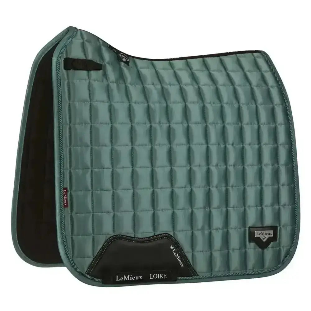 Lemieux prosport loire classic dressage square sage saddle pad in teal quilted fabric with black trim and branding